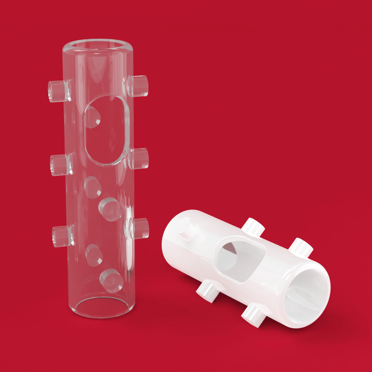 Stent bronquial con orificio lateral Stening® ST-LSD de silicona, con espolones de fijación y ventana lateral para ventilación del lóbulo superior derecho. Stening® ST-LSD silicone bronchial stent with lateral opening, featuring fixation spurs and a lateral window for ventilation of the right upper lobe.