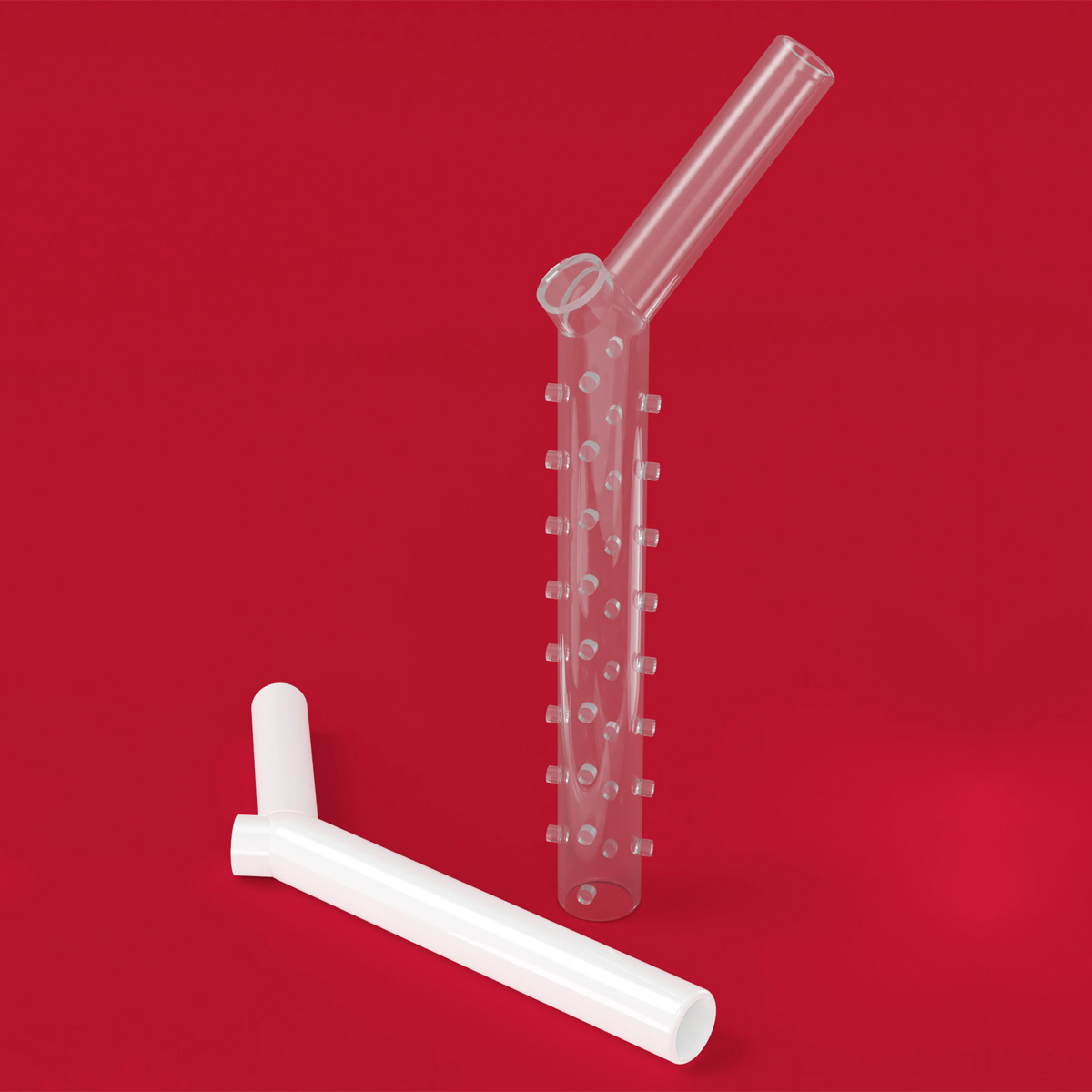 Stent traqueocarinobrónquico oclusivo Stening® SYO en Y, de silicona, con una rama bronquial sellada para manejo de fístula broncopleural y preservación de la ventilación del pulmón sano. Stening® SYO occlusive tracheocarino-bronchial stent in Y-shape, made of silicone, with a sealed bronchial branch for bronchopleural fistula management and preservation of healthy lung ventilation.